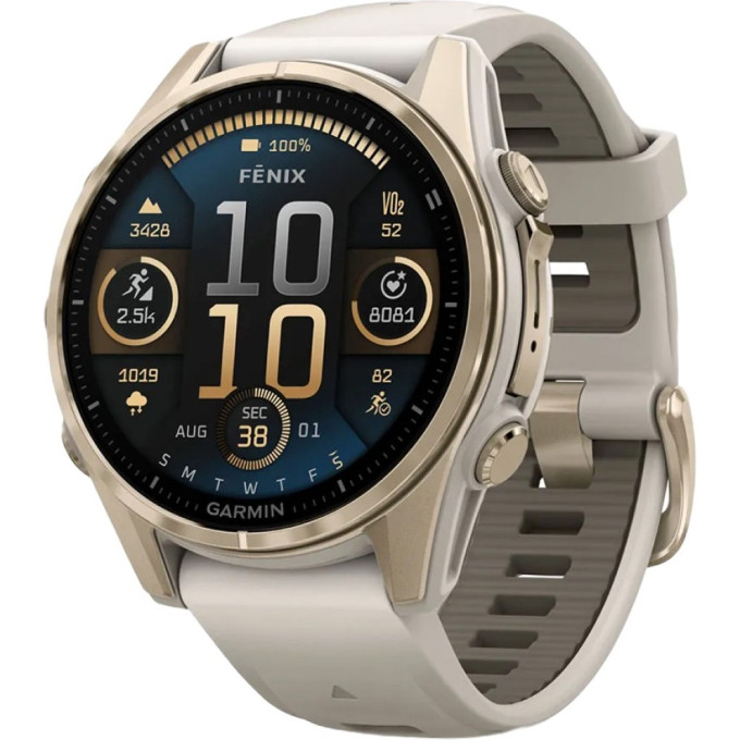 Смарт-часы GARMIN FENIX 8 – 43 мм, AMOLED Sapphire, золотистые с силиконовым ремешком цвета туманный серый/темный песчаник 010-02903-11